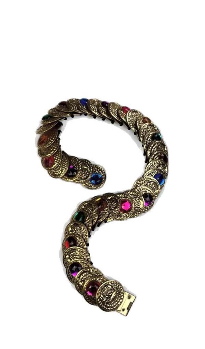 Vintage Multi-Color Cabochon Greek Key Coin Elastic Stretch Belt